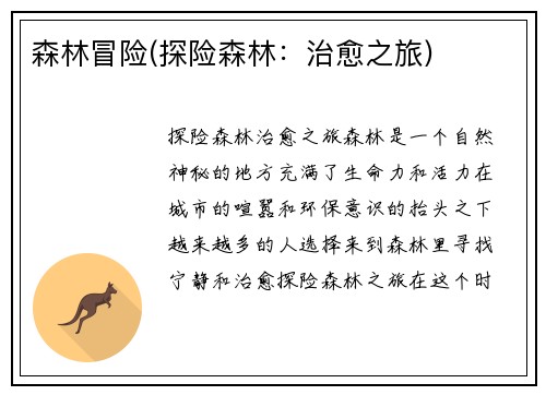 森林冒险(探险森林：治愈之旅)
